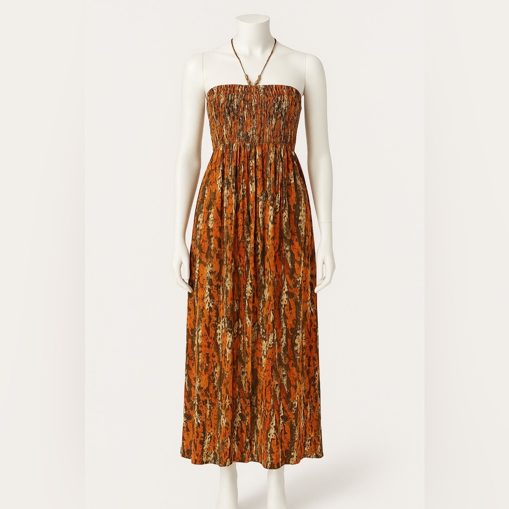 Caren Sport Smocked Maxi Dress w/ Beaded Halter Strap – Orange Brown Print Sz 1x